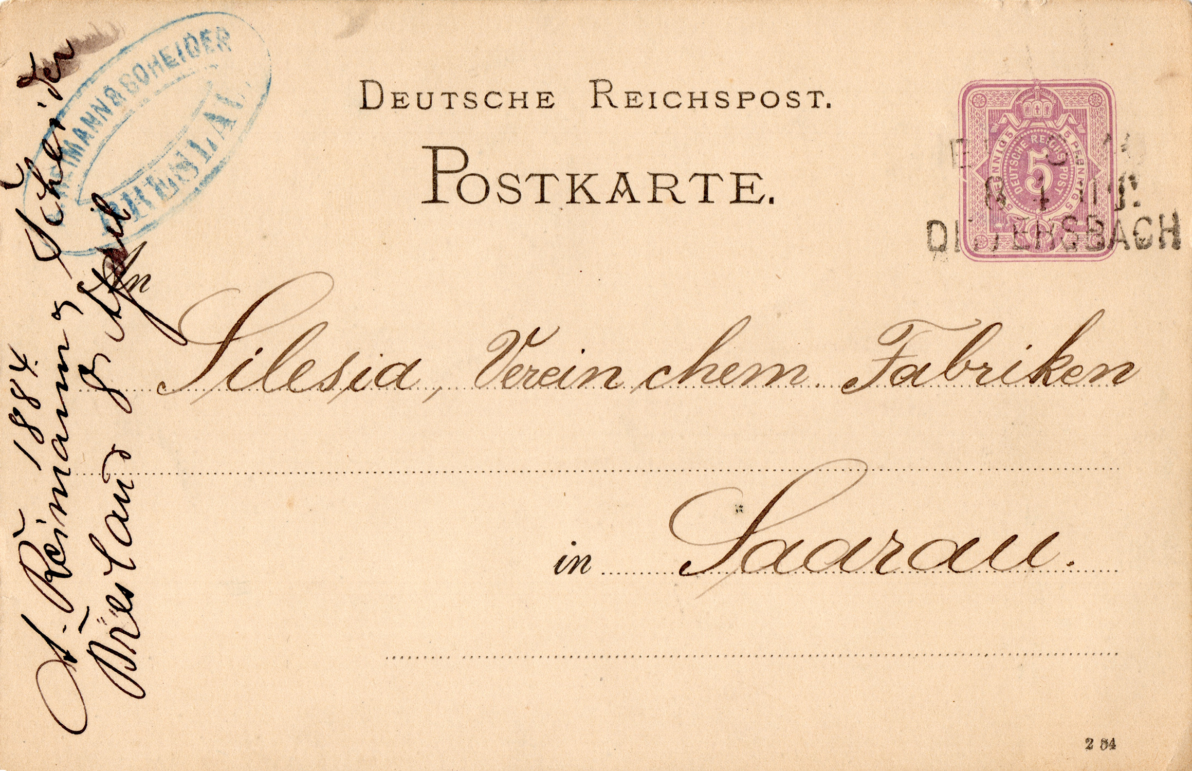 Kartka korespondencyjna Breslau – Silesia Verein Chemischer Fabriken 1884 (2)