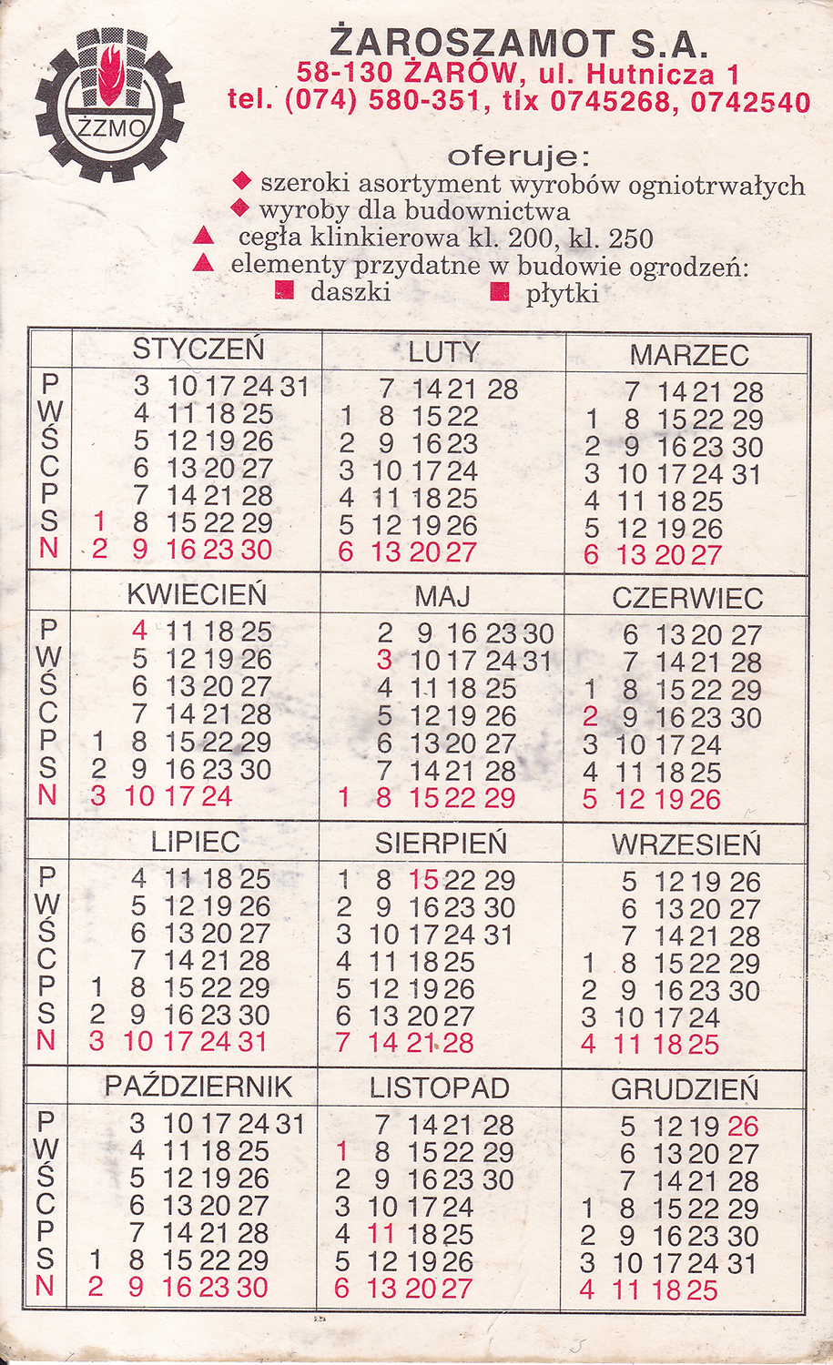 Kalendarz kieszonkowy ŻZMO 1994 (2)
