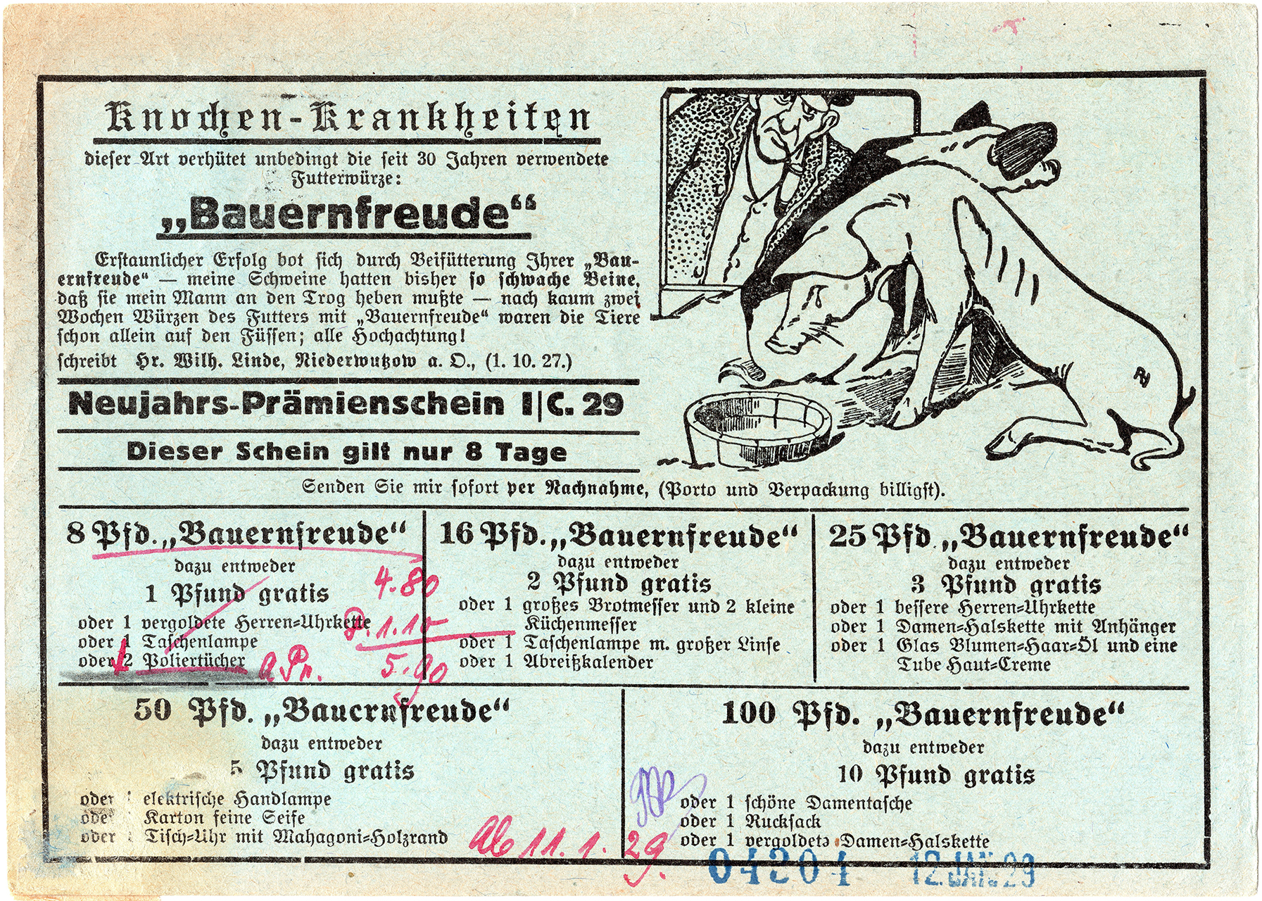 Zwrotna kartka pocztowa „Bauernfreude” adresowana z Saarau 1929 (2)