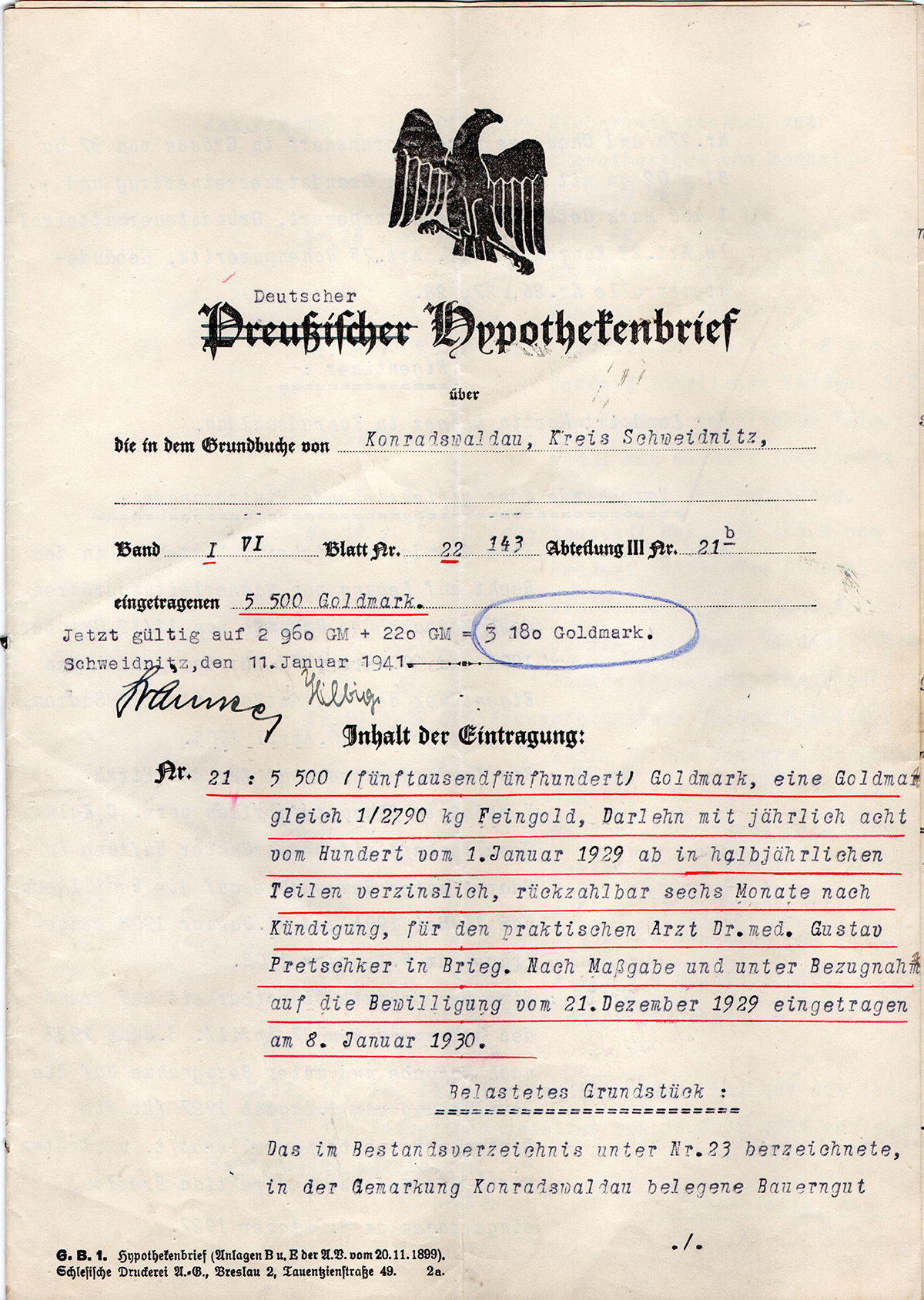 Pożyczka hipoteczna mieszkańca Konradswaldau Martina Langera 1929 (1)