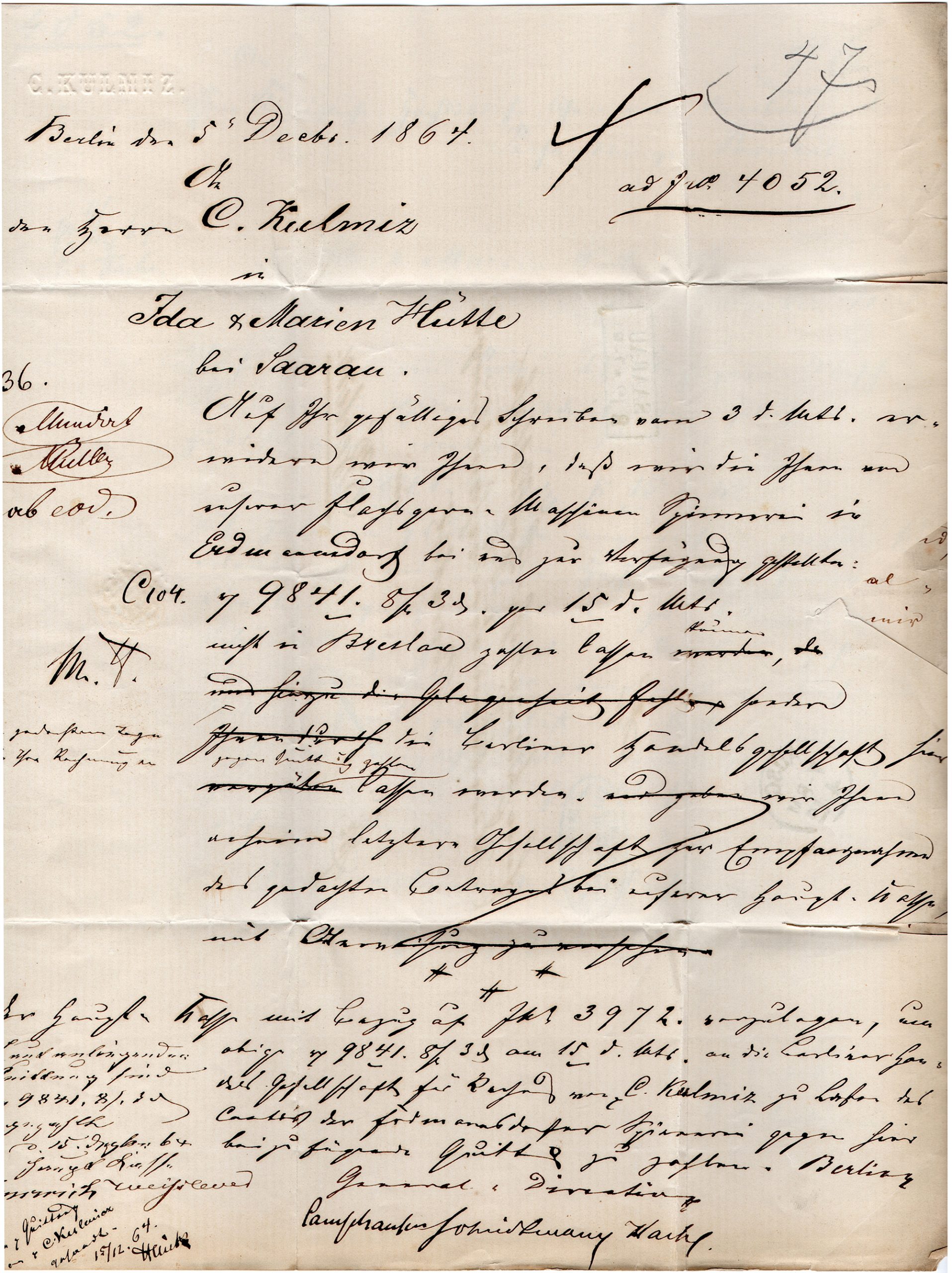 Brief C. Kulmiz – Ida- u. Marienhütte 1864 (4)