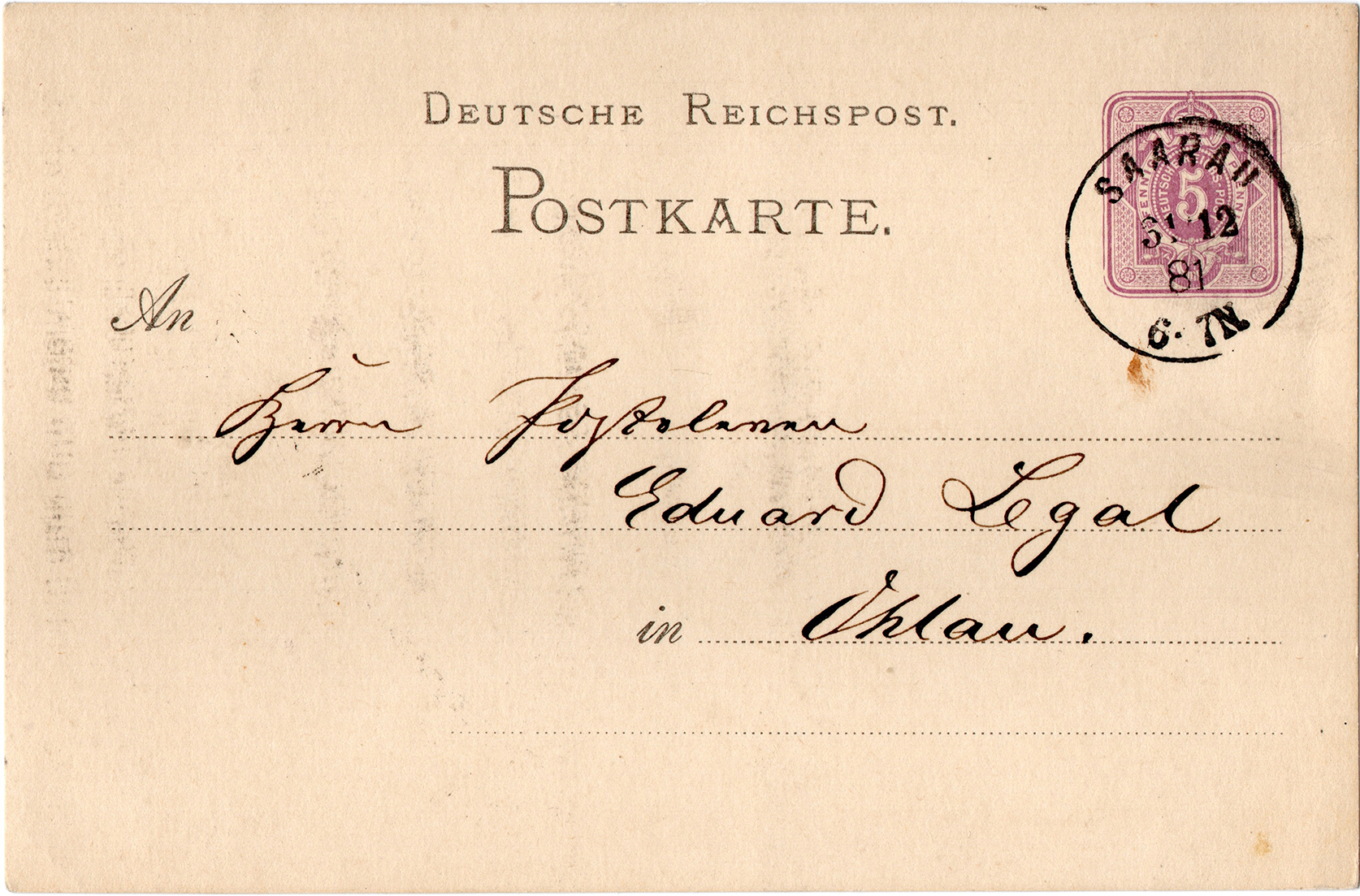 Kartka korespondencyjna Saarau – Ohlau 1881 (1)