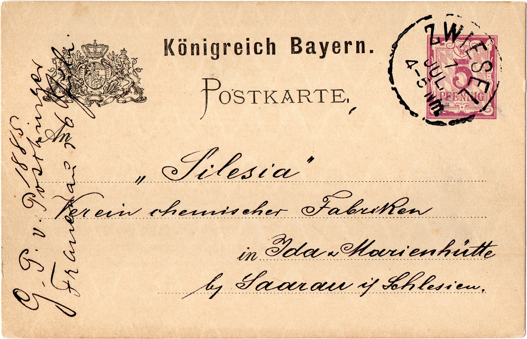 Kartka korespondencyjna Silesia V.Ch.F. – Königreich Bayern 1885 (1)