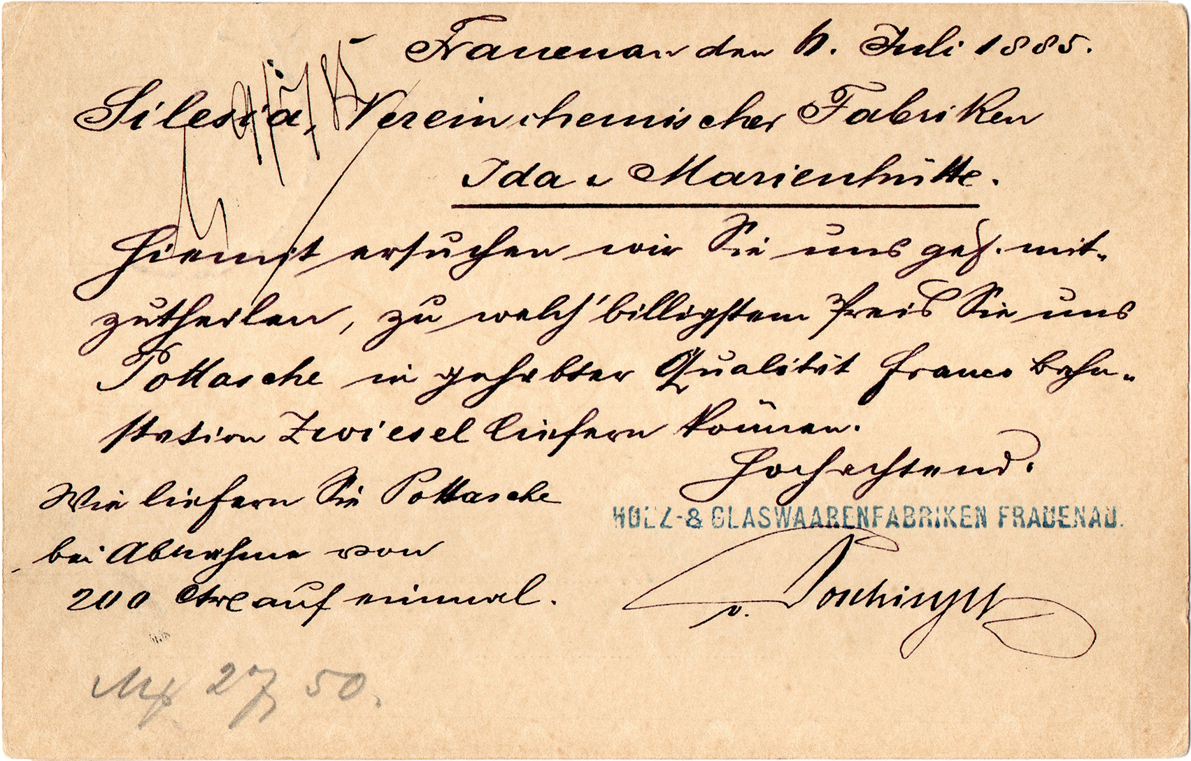 Kartka korespondencyjna Silesia V.Ch.F. – Königreich Bayern 1885 (2)