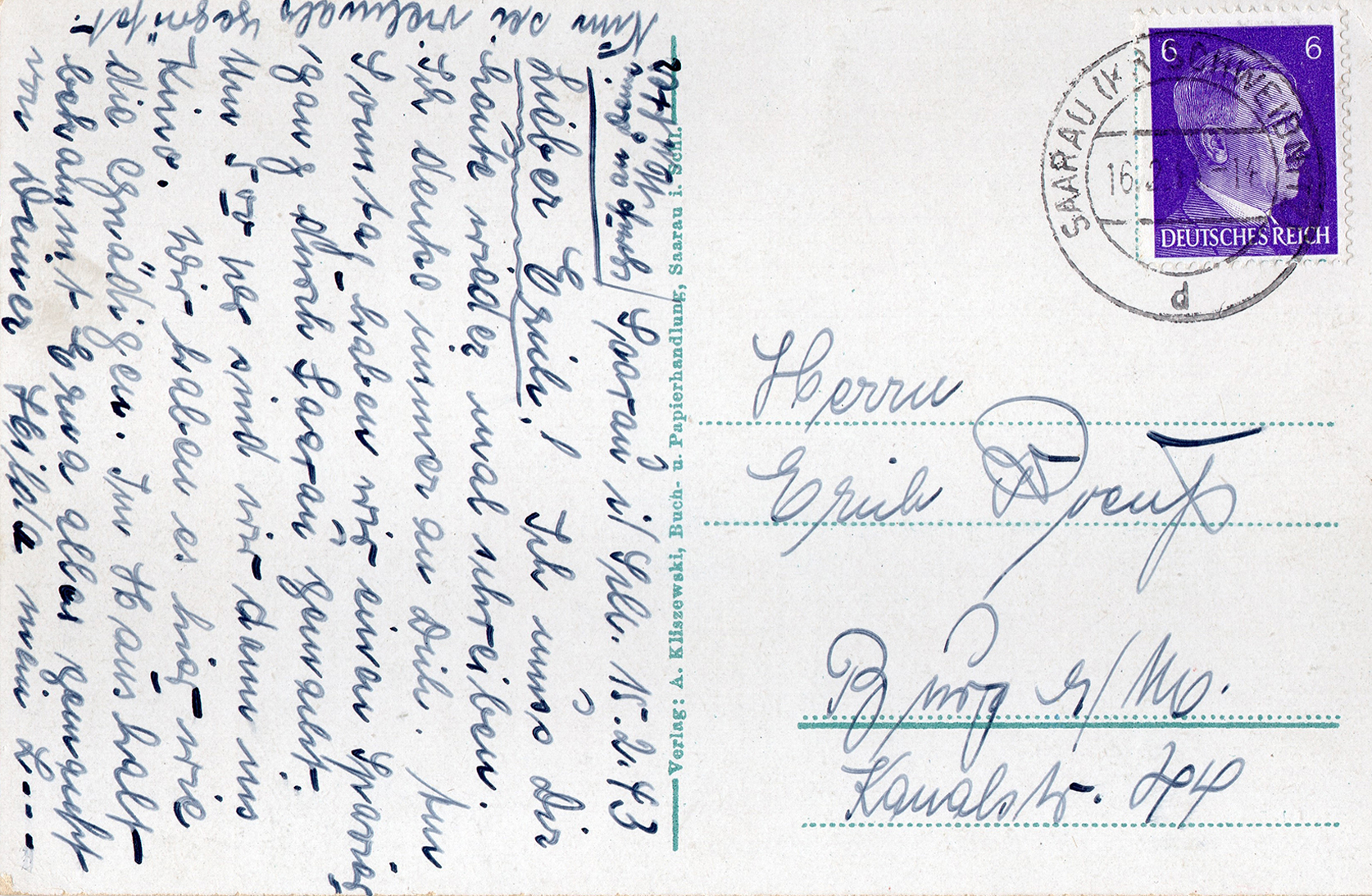 Kartka pocztowa Evgl. Schule Saarau 1943 (2)