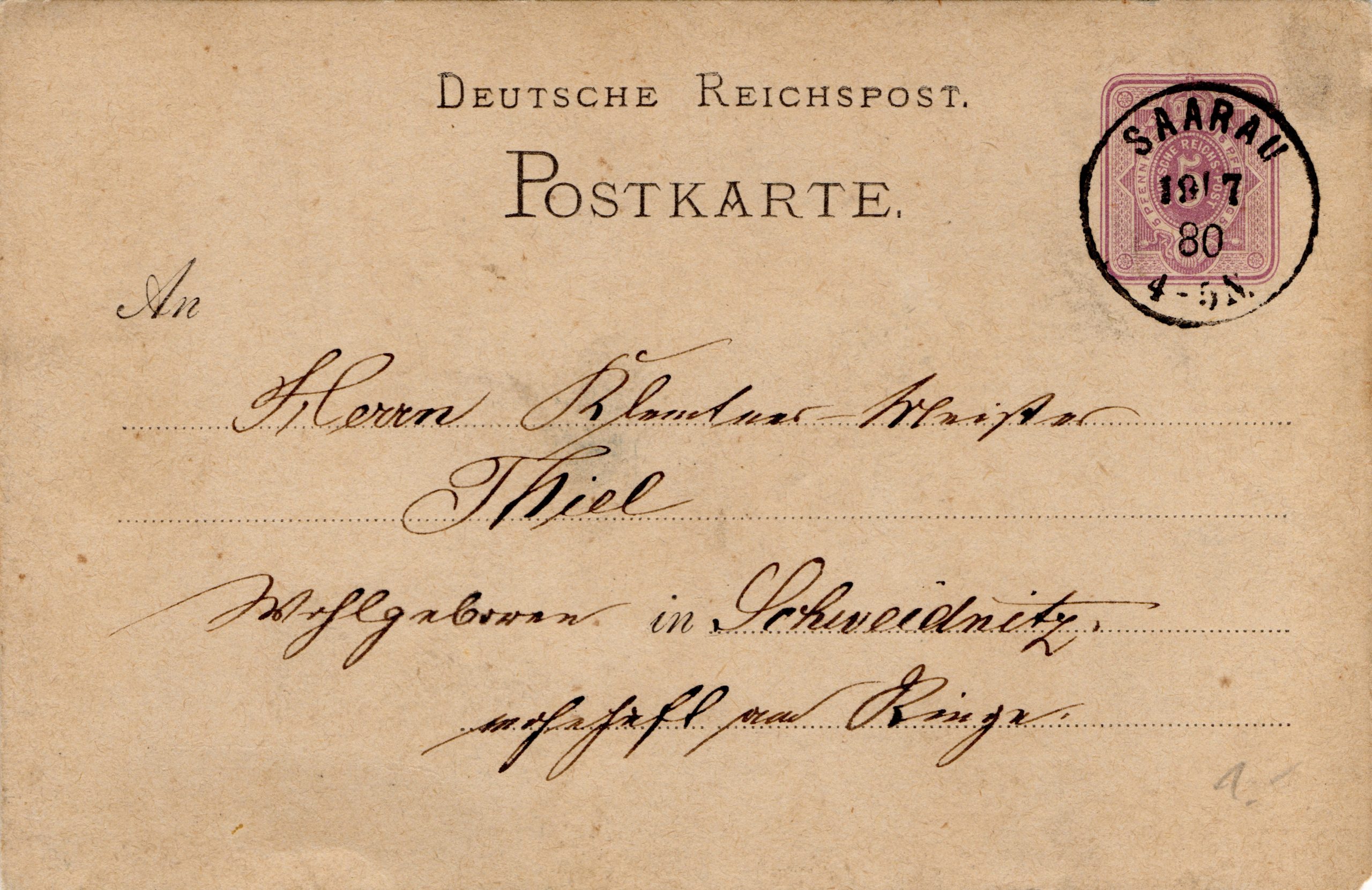 Kartka korespondencyjna Saarau-Schweidnitz 1880 (1)