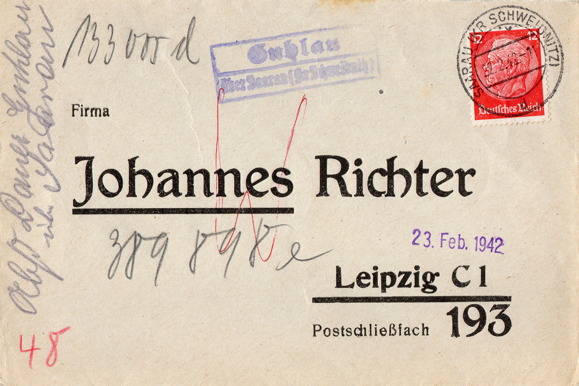 Obwoluta listu Johannes Richter Saarau 1942 (1)