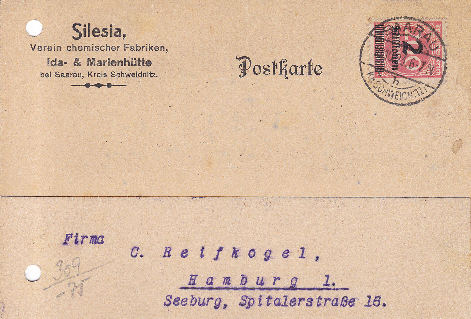 Kartka korespondencyjna Silesia – Ida- und Marienhütte 1923 (1)
