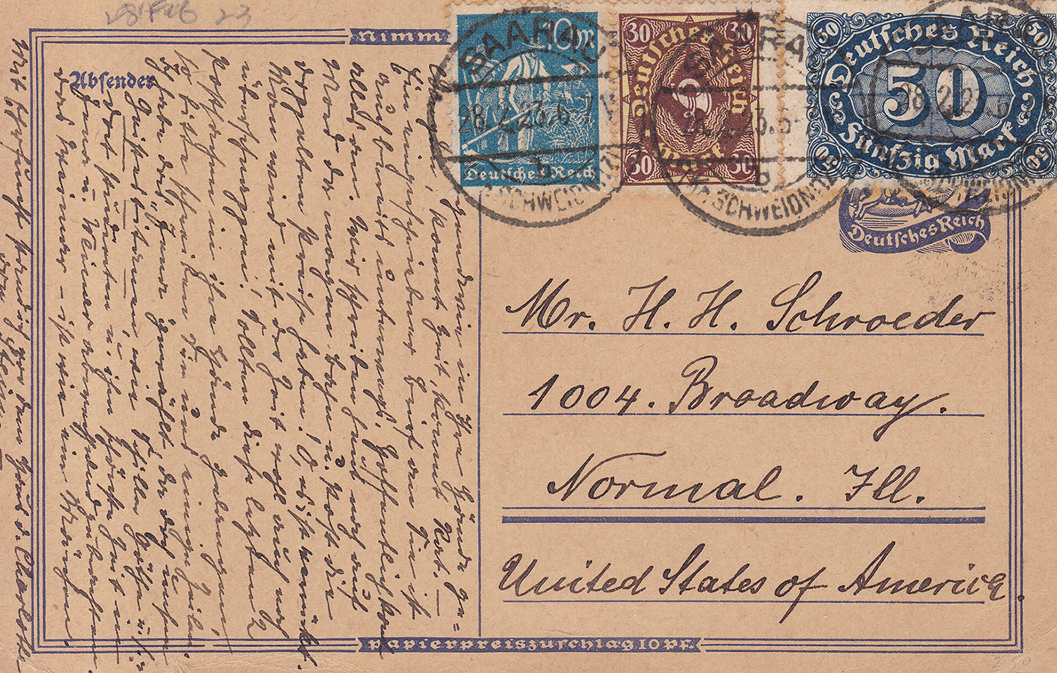 Kartka korespondencyjna adresowana z Saarau 1923 (1)