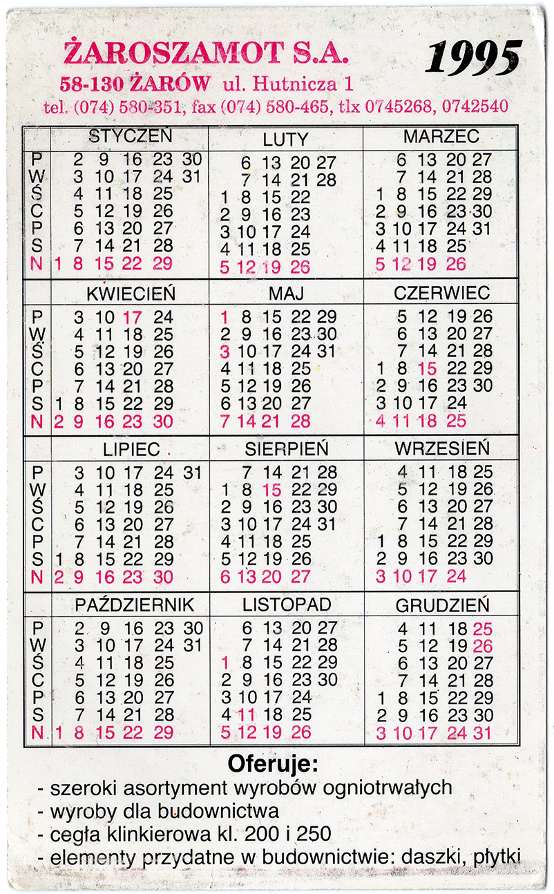 Kalendarz Żaroszamot 1995 (2)