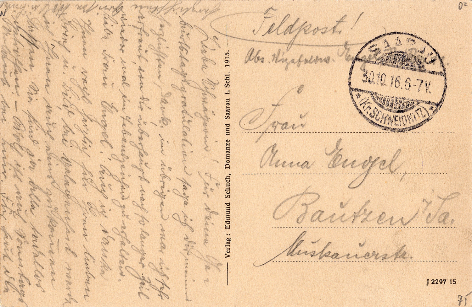 Karta pocztowa Schloss Saarau 1916 (2)