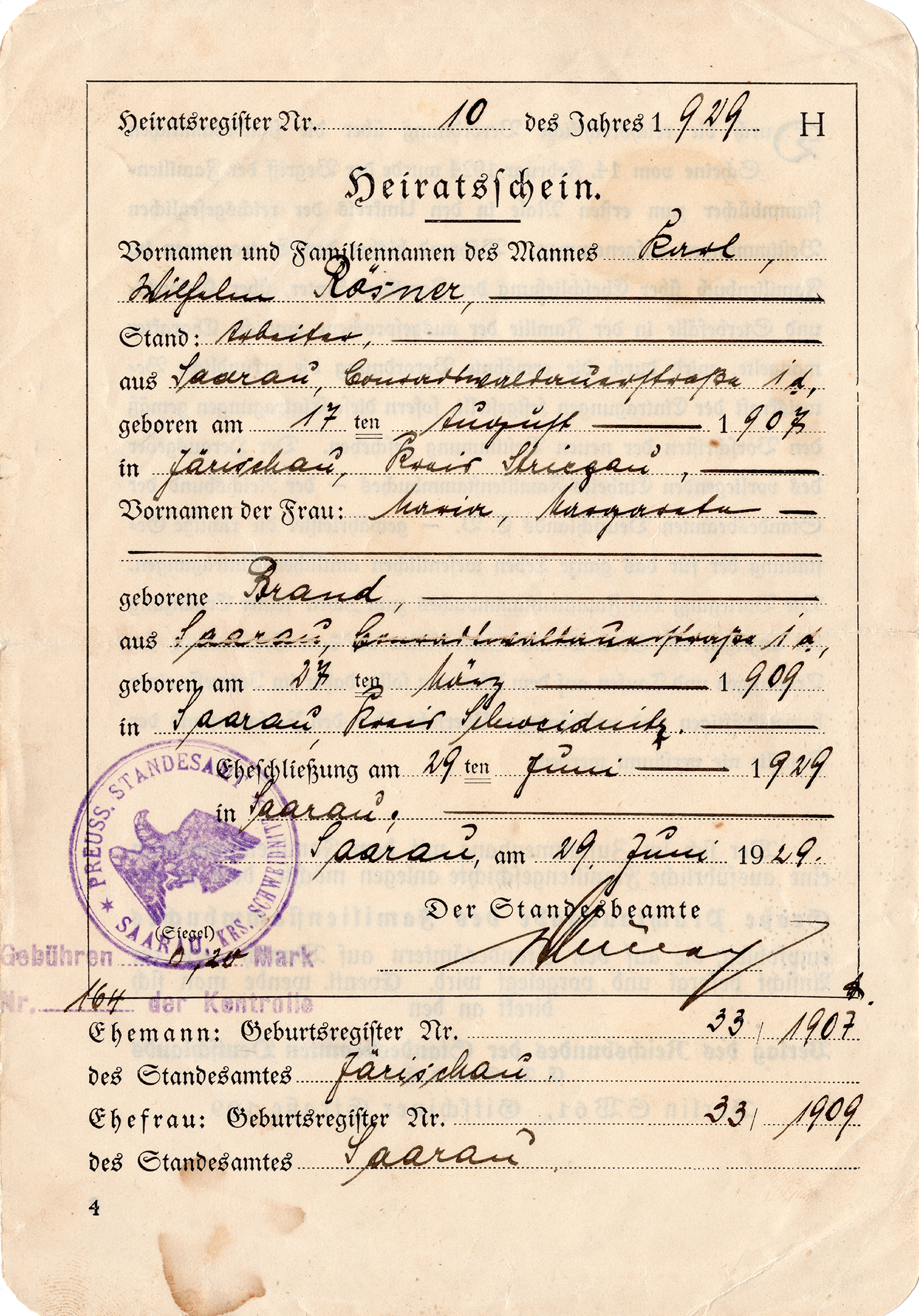 Akt małżeństwa Karla Wilhelma Rösnera Saarau 1929 (1)