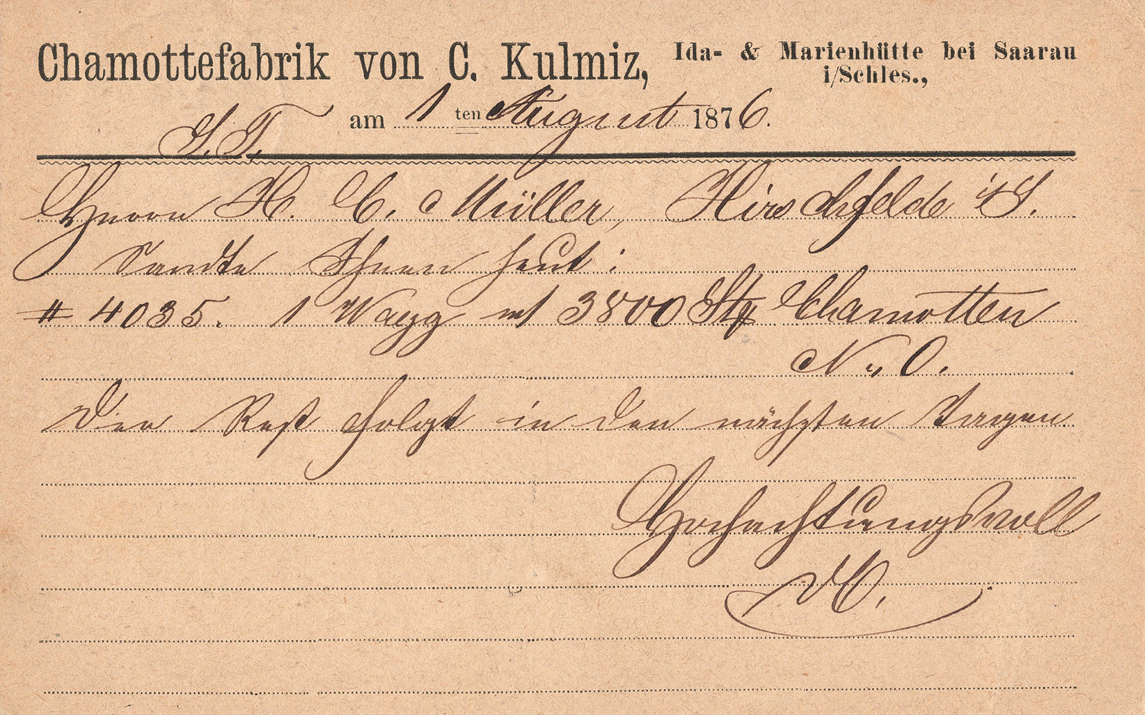 Kartka korespondencyjna Chamottefabrik von C. Kulmiz 1876 (2)