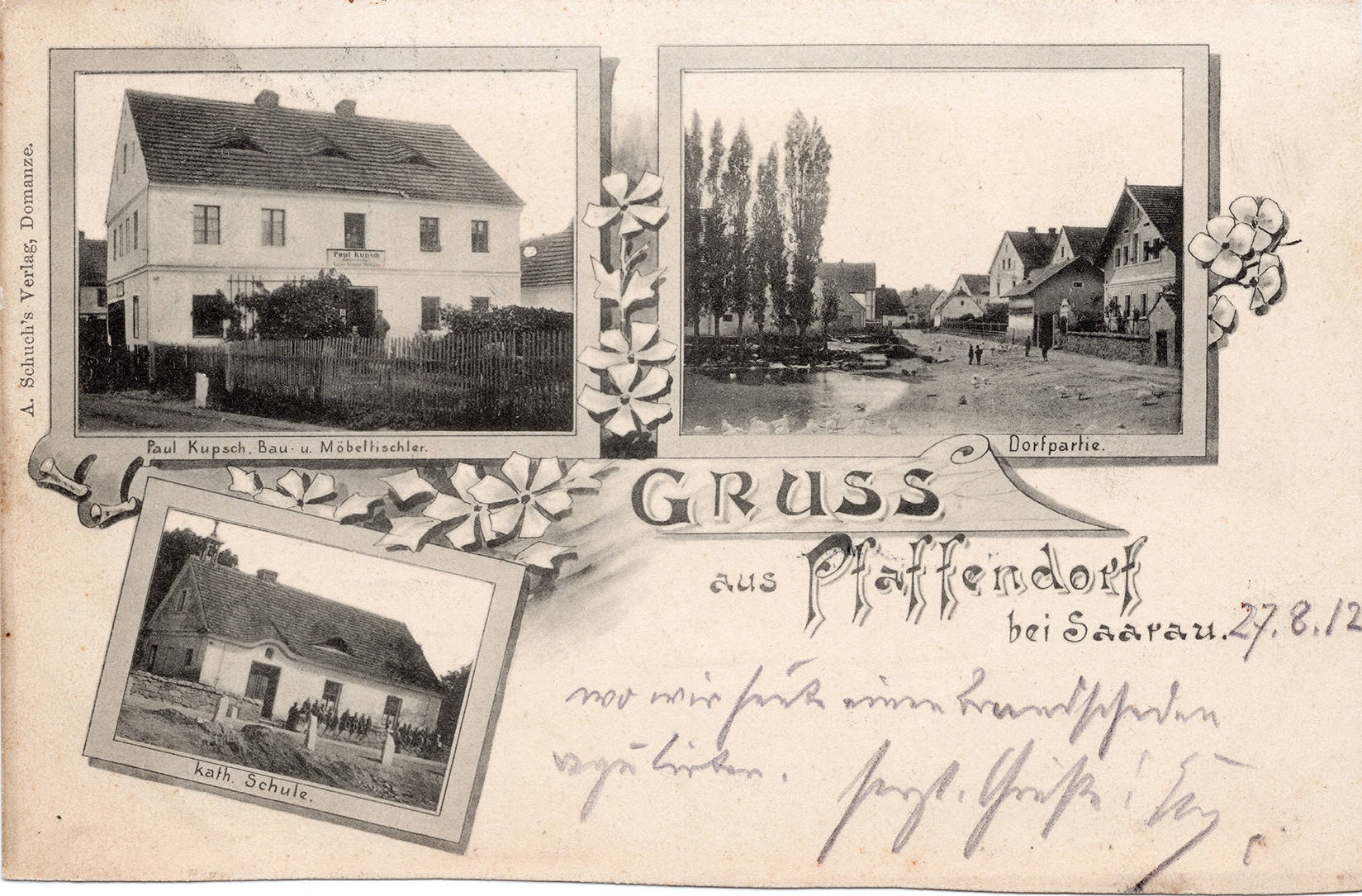 Karta pocztowa Gruss aus Pfaffendorf bei Saarau 1912 (1)